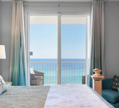 Balcony access from master bedroom, room darkening curtains