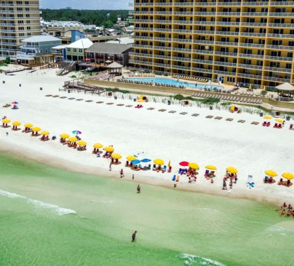 View of Treasure Island Resort from the air looking over the Gulf of Mexico