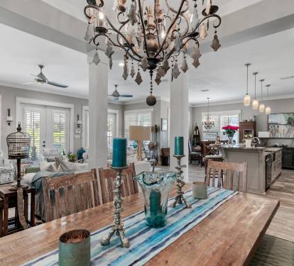 Inviting Dining Room Table with beautiful chandelier seats 8-open area 