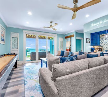 Rec room with shuffleboard, arcade games, TV, and mini bar