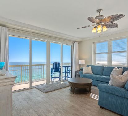 Living room has an upgraded queen sleeper sofa. 