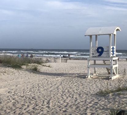 Public beach access entrance at 13th Street. Lifeguards present during summer.