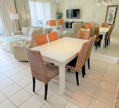 Dining table seats six.