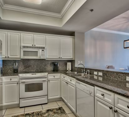 Our kitchen is well stocked for cooking and has a beautiful view of the Gulf!