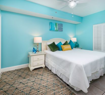 The large second bedroom has direct access to the hall bath and a new king bed! 