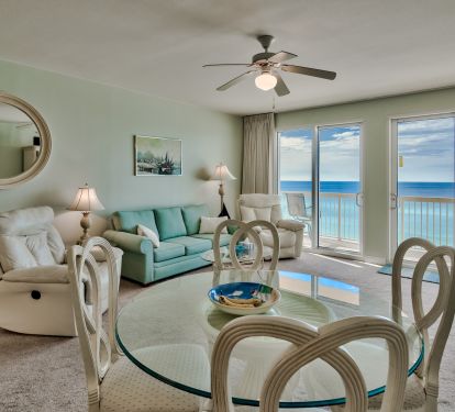 Family room with double sliding glass door to balcony