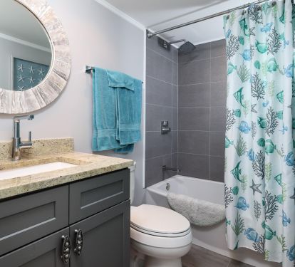 The first bathroom is close to the entrance. 