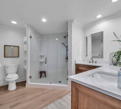 Large master bath with double sinks.