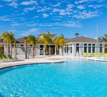 Resort pool with hot tub, bathrooms, and fitness room