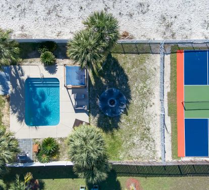 The only private pickleball court in Gulf Shores, private, heated pool, fire pit.