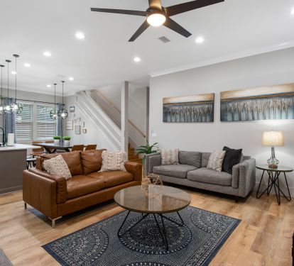 Spacious living room has plenty of space for everyone to gather