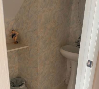 European bathroom with toilet and sink in one room and shower in separate room