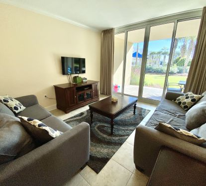 View from the living area to the patio. 