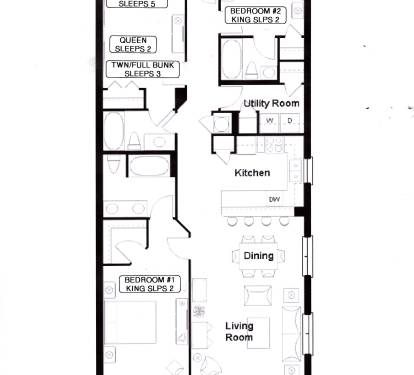 Room floor plan of our 3 bedroom 3 bath condo. Furnishings differ.