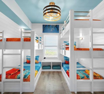 Bunk room with 5 Twin XL bunks, lights and outlets for each bunk