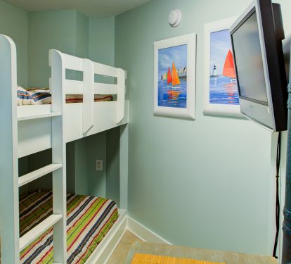 Bunk room has privacy curtain.  Half bath is close-next door.