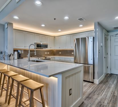 Quartz counters with under/over LED lighting and high-end stainless appliances