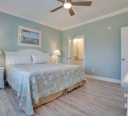 Master King bedroom with 55" smart tv and bath.