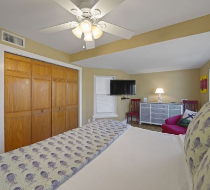 Comfortable primary suite with TV and ample storage