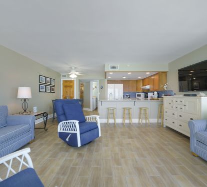 This bright Destin vacation rental features an open kitchen and living space designed for relaxing coastal stays.