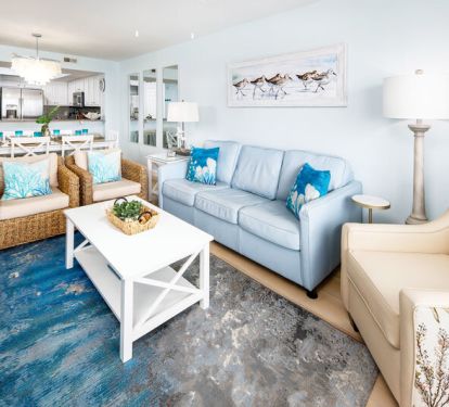 Living Room with Sleeper Sofa and 70" TV - Gulf Dunes 408 Fort Walton Beach Okaloosa Island Vacation Rentals