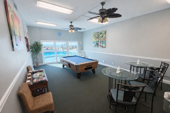 Lobby game room with pool table.
