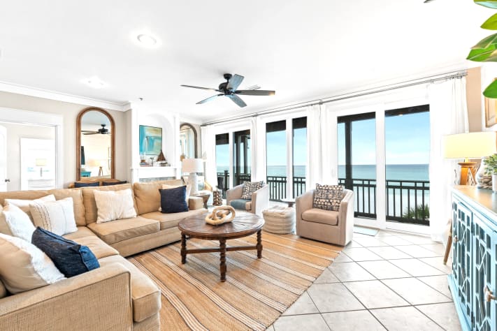 Gather in style in this Gulf-front living room with floor-to-ceiling views and upscale furnishings. Perfect for families or groups who want luxury, comfort, and unforgettable sunsets right outside your window.