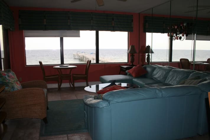 beautiful view of the pier from living area and kitchen