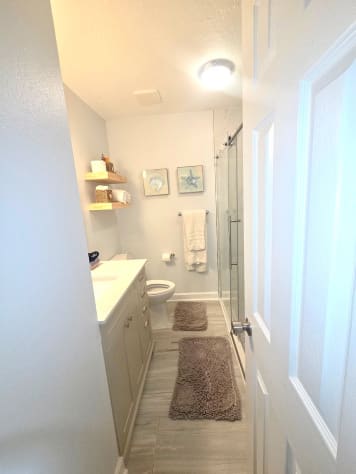 New Shower, comfort height toilet and vanity. Modern. Blow dryer, shampoo, and shower gel.