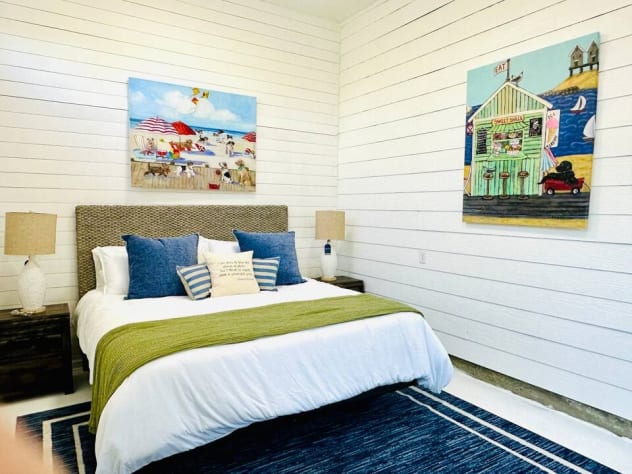 King bed with brand new mattress and private entrance out to the pool and outdoor shower on the first level