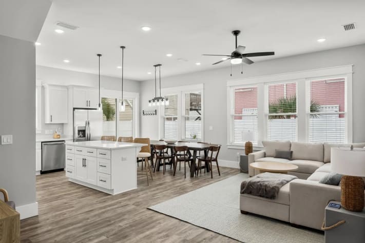 Modern open space kitchen with dining and living room