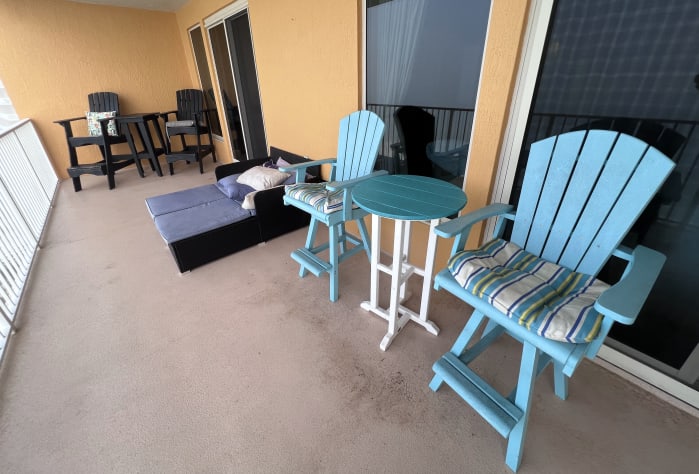 Bar-height Beach Captain Chairs &amp; Tables on our large beach balcony view of Gulf
