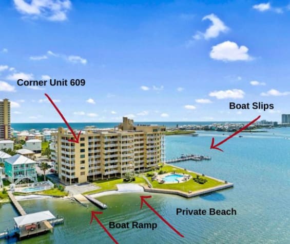 Private beach, boat slips, boat ramp, pool and little lagoon 
