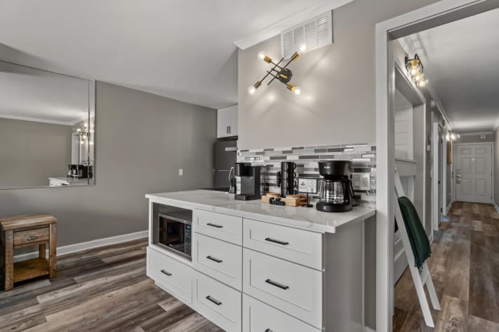 Coffee station and open kitchen fully stocked and ready to use
