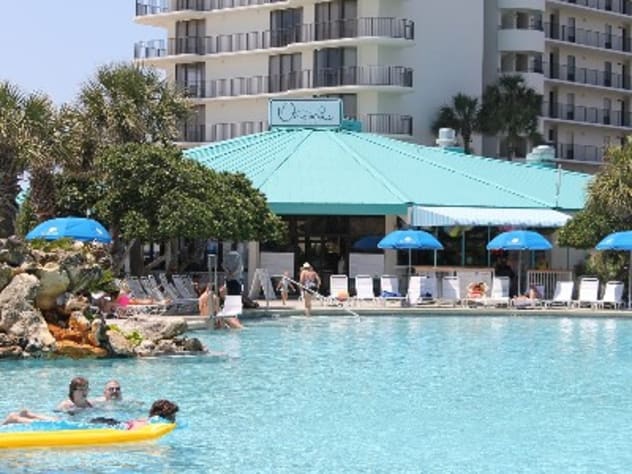view of Ocean's restaurant from across the big lagoon pool
