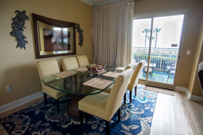 Dining suited for 6. Bunks (not pictured) tucked away behind bifold doors here