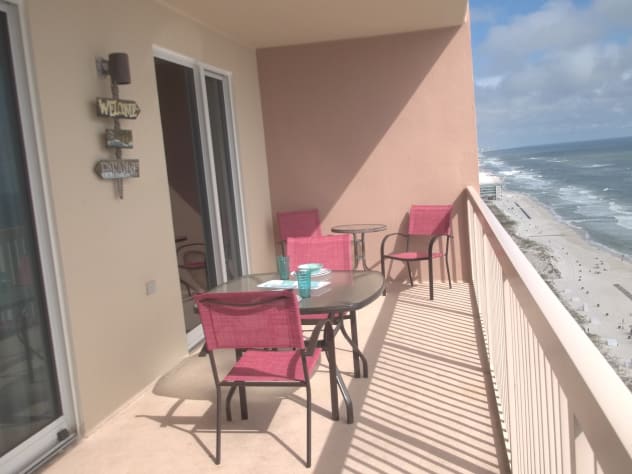 Large, private balcony. Table &amp; chairs at each end and in the middle!