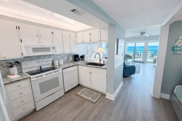 Well equipped kitchen with a view.  New Appliances.