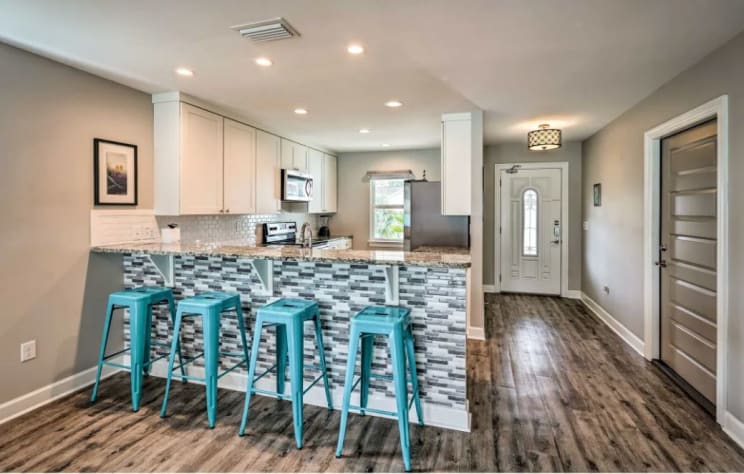 The bar seating is perfect for enjoying mixed drinks and dining