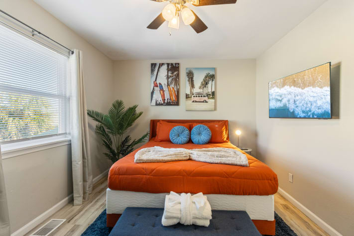 Bright, stylish bedroom with vibrant coastal decor ï¸âœ¨