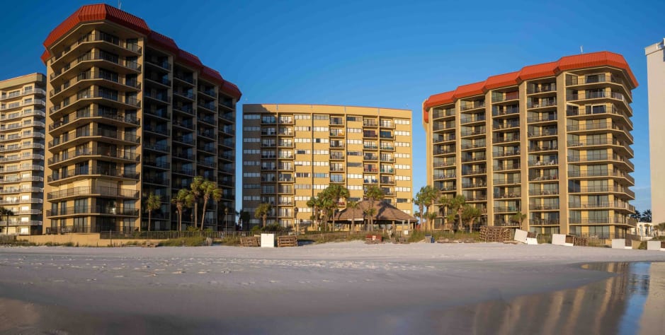 Summerhouse from the beach. Our condo is on the ground floor of building to the left.