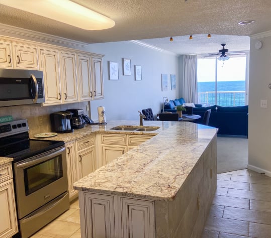 Kitchen bartop area. Lots of counter space!
