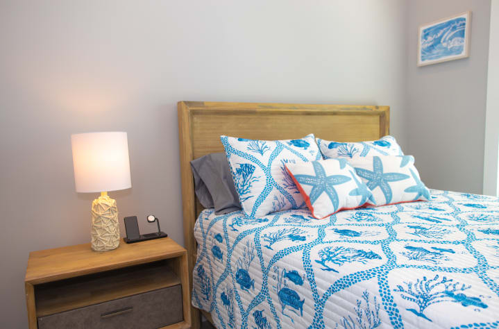 Front room-queen bed, charging station, bathroom