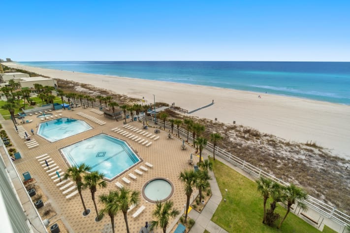 Balcony view of pools and ocean, incredible!