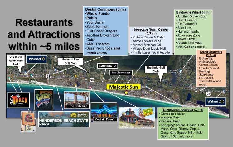 Majestic Sun is centrally located with easy access (5 miles) to the best shopping, dining, and activities that Destin has to offer!