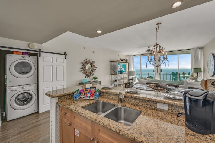 Remodeled, well - stocked kitchen, coffee bar, and stacked washer and dryer - we provide plenty of Tide Pods and dryer sheets for your visit!
