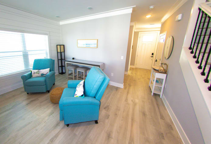 Seating area with three stool media hub