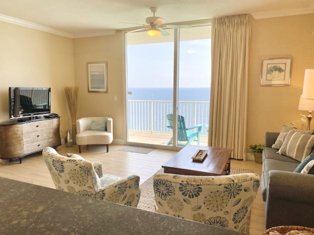 Relax in a spacious and private living area overlooking the beautiful gulf