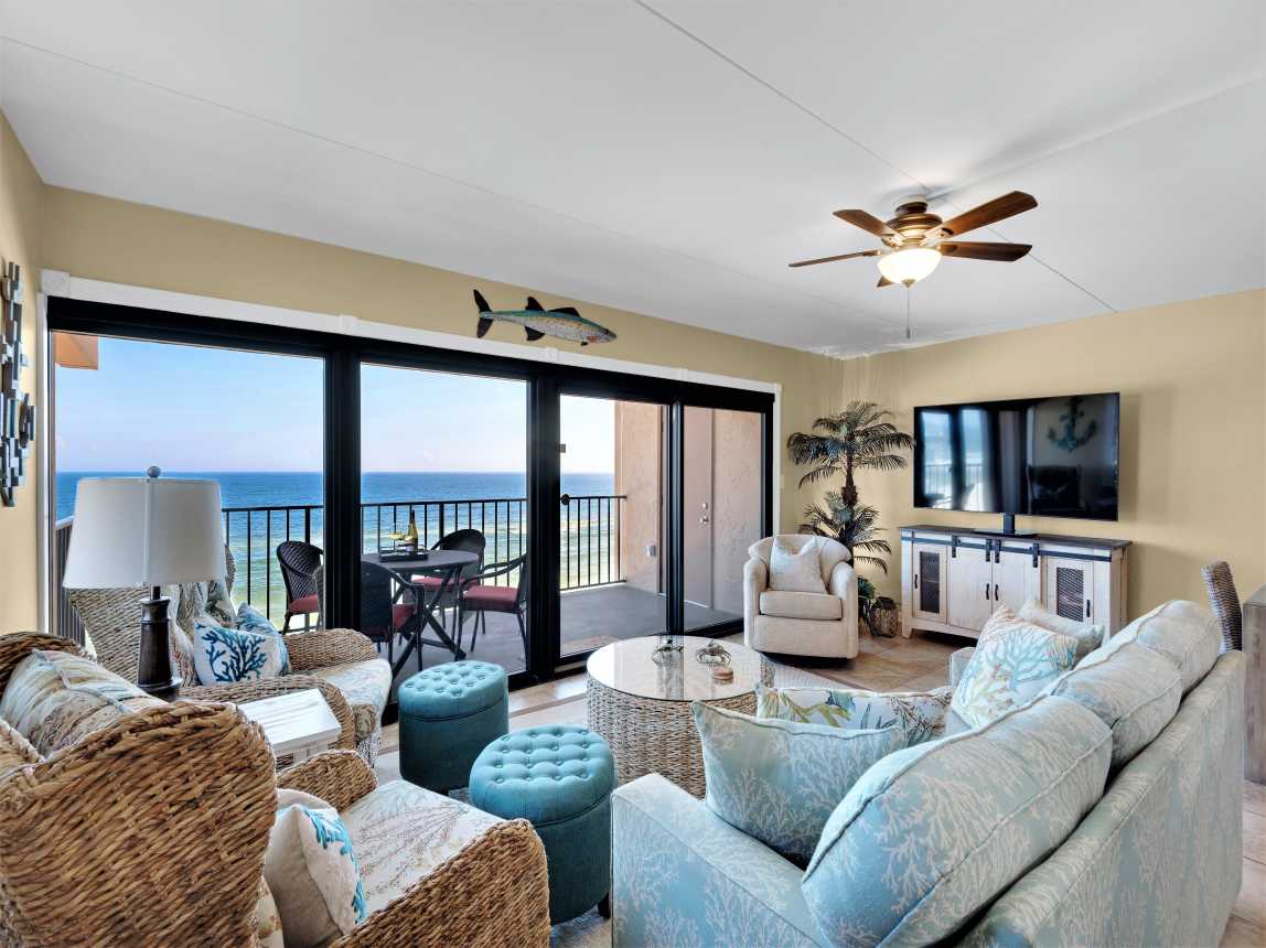 Enjoy the view while watching a big screen TV in the living area.