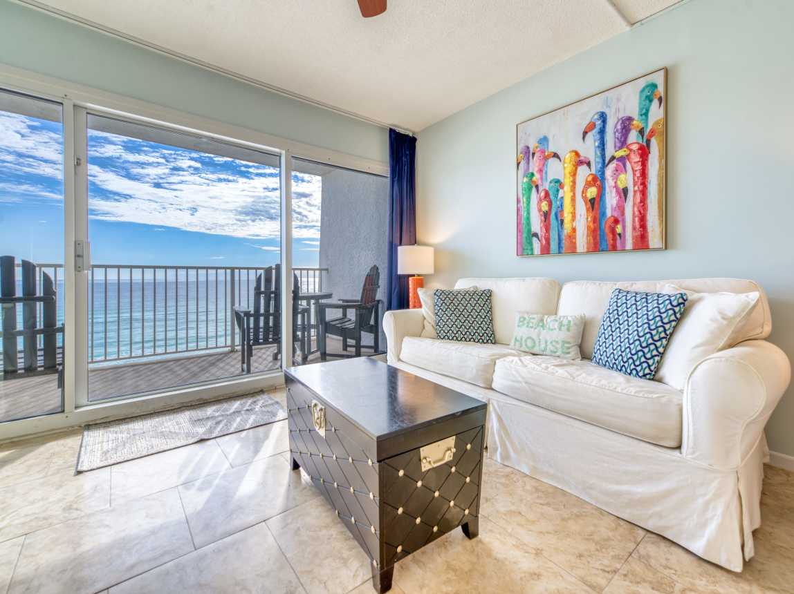 Relax in the comfy living area with stunning Gulf views!